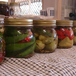 Pickled cucumbers and chillies